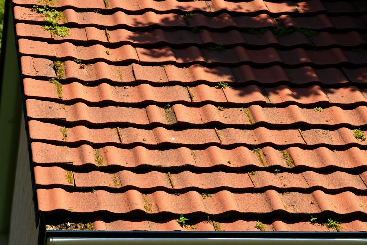 Old worn clay tile roof before replacement